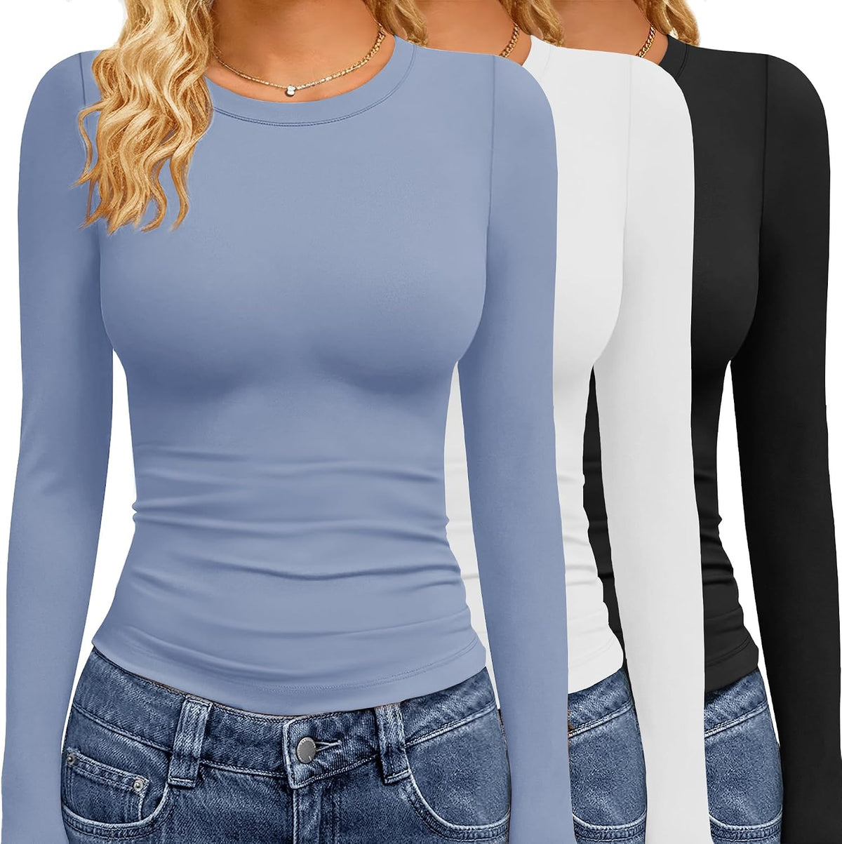 GAYHAY 3 Pack Long Sleeve Shirts for Women Basic Tops Crew Neck Fitted Tight Workout Tees Y2K Clothes Going Out Fashion 2025