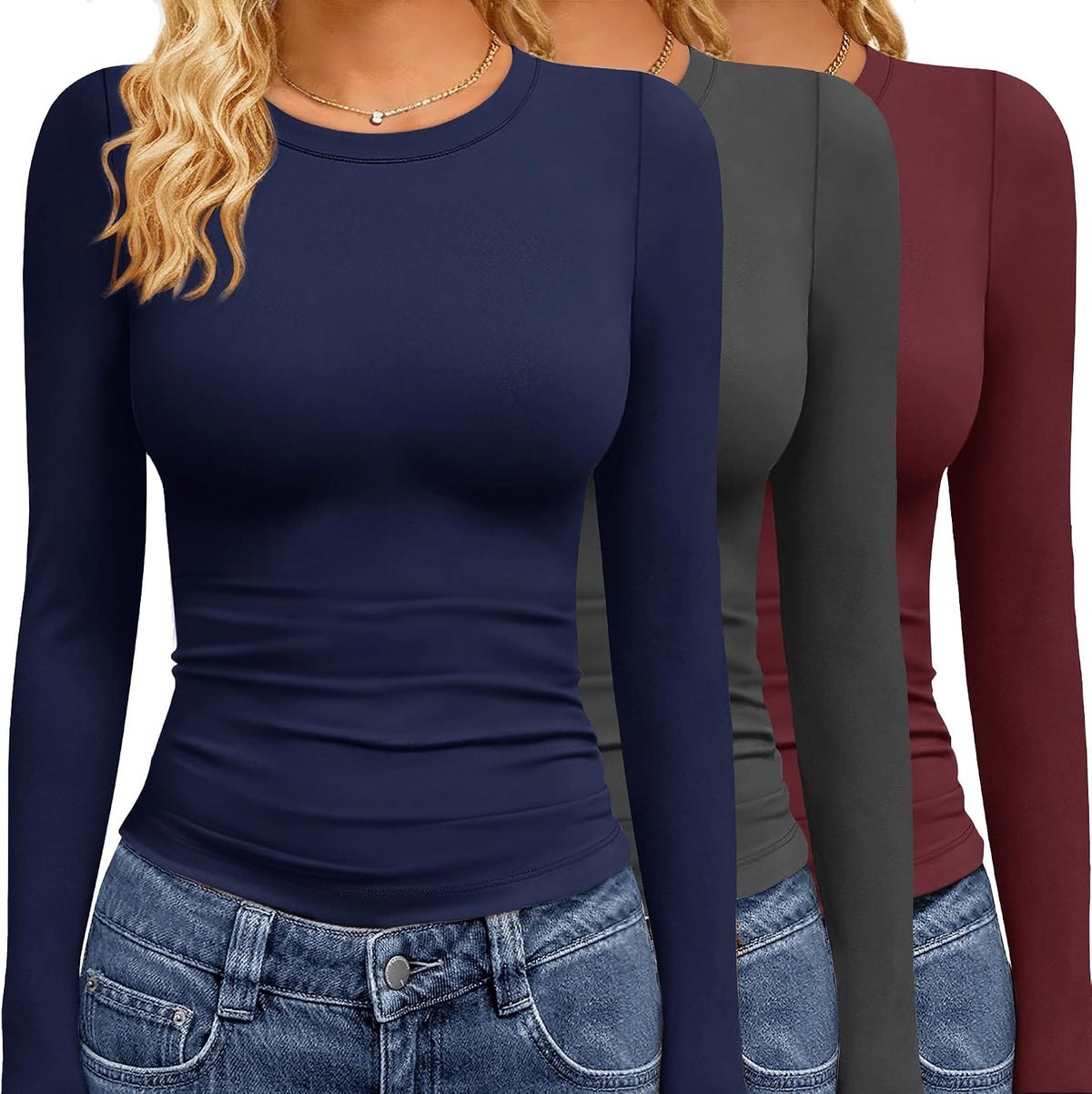 GAYHAY 3 Pack Long Sleeve Shirts for Women Basic Tops Crew Neck Fitted Tight Workout Tees Y2K Clothes Going Out Fashion 2025