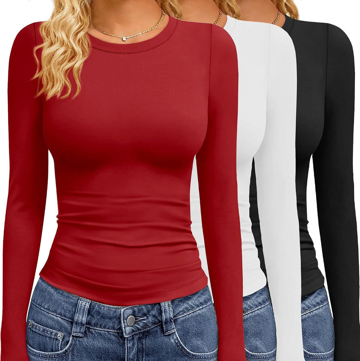 GAYHAY 3 Pack Long Sleeve Shirts for Women Basic Tops Crew Neck Fitted Tight Workout Tees Y2K Clothes Going Out Fashion 2025