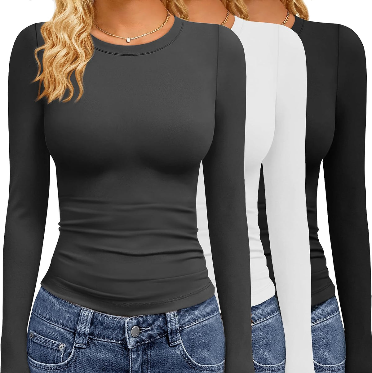 GAYHAY 3 Pack Long Sleeve Shirts for Women Basic Tops Crew Neck Fitted Tight Workout Tees Y2K Clothes Going Out Fashion 2025