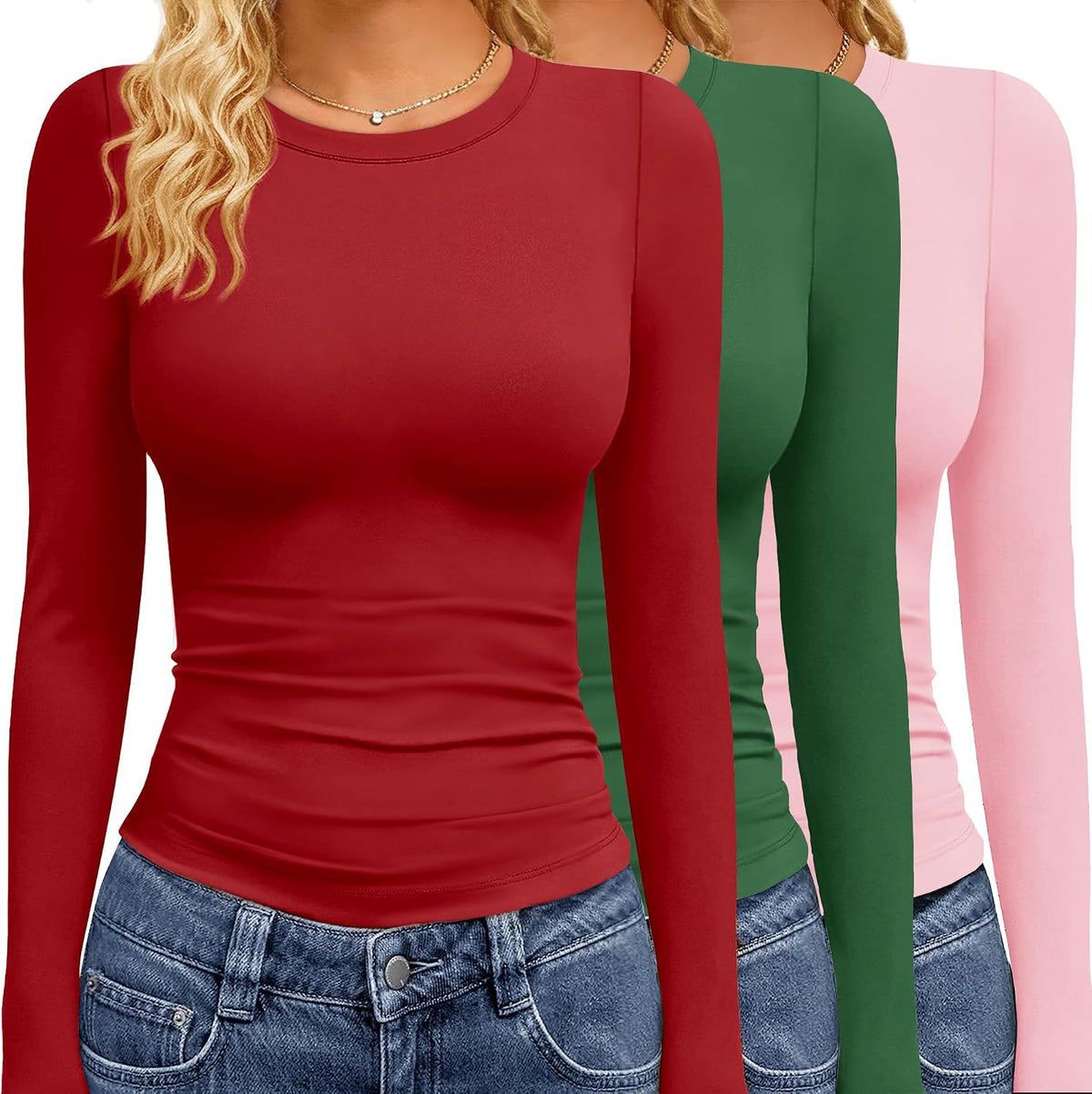 GAYHAY 3 Pack Long Sleeve Shirts for Women Basic Tops Crew Neck Fitted Tight Workout Tees Y2K Clothes Going Out Fashion 2025